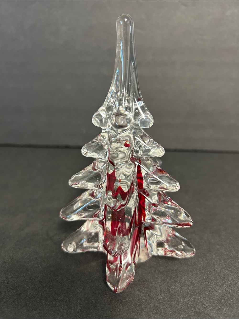 SILVESTRI Vintage 80s 90s Handblown Clear Glass & Ruby Red Ribbon Holiday Tree